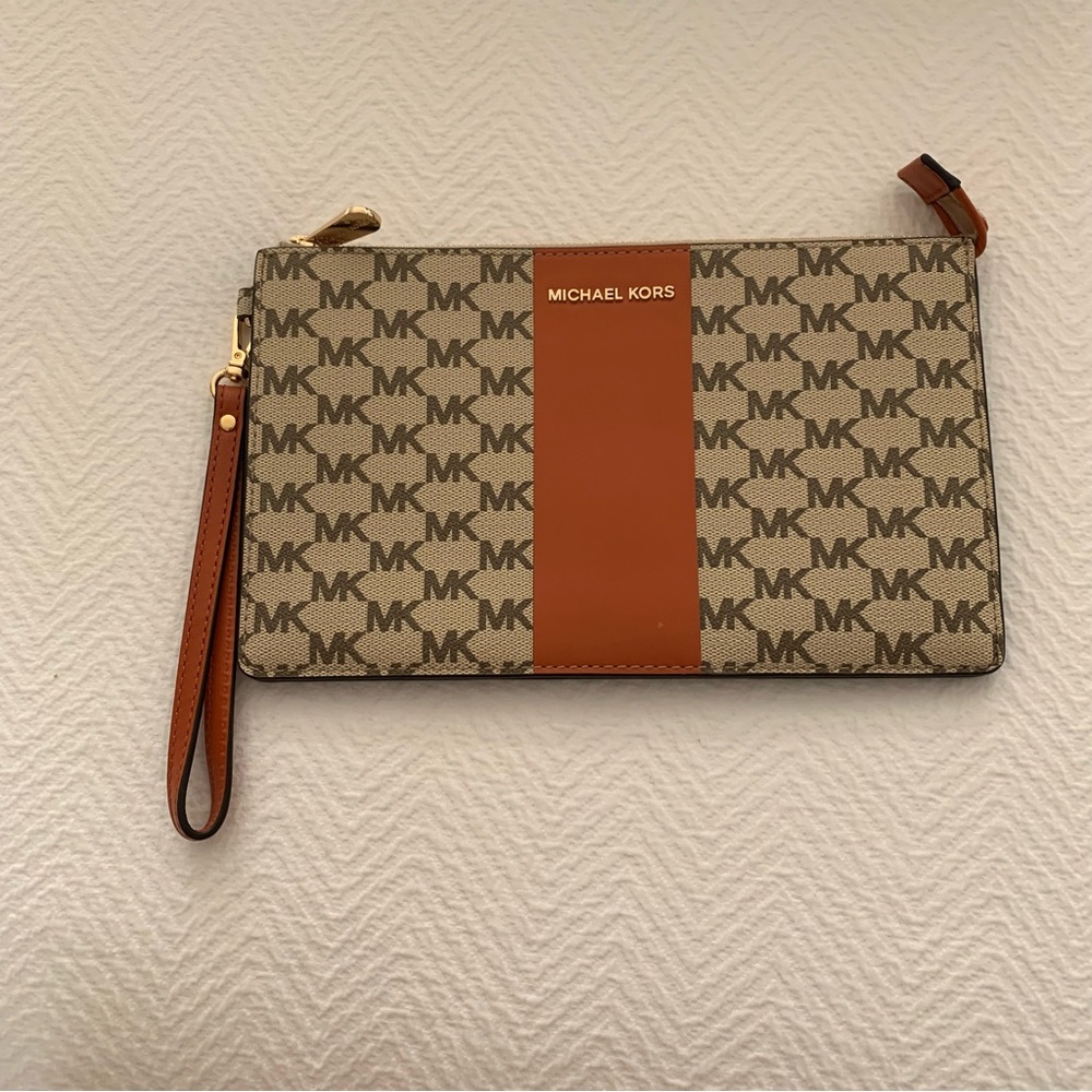 Michael Kors Beige/brown with Orange stripe Monogram Pouch/Wristlet